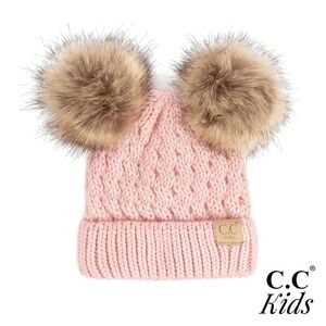 C.C Kids Pink Cable Knit Beanie Hat NWT – Faux Fur Pom Ears, Warm Winter Cap